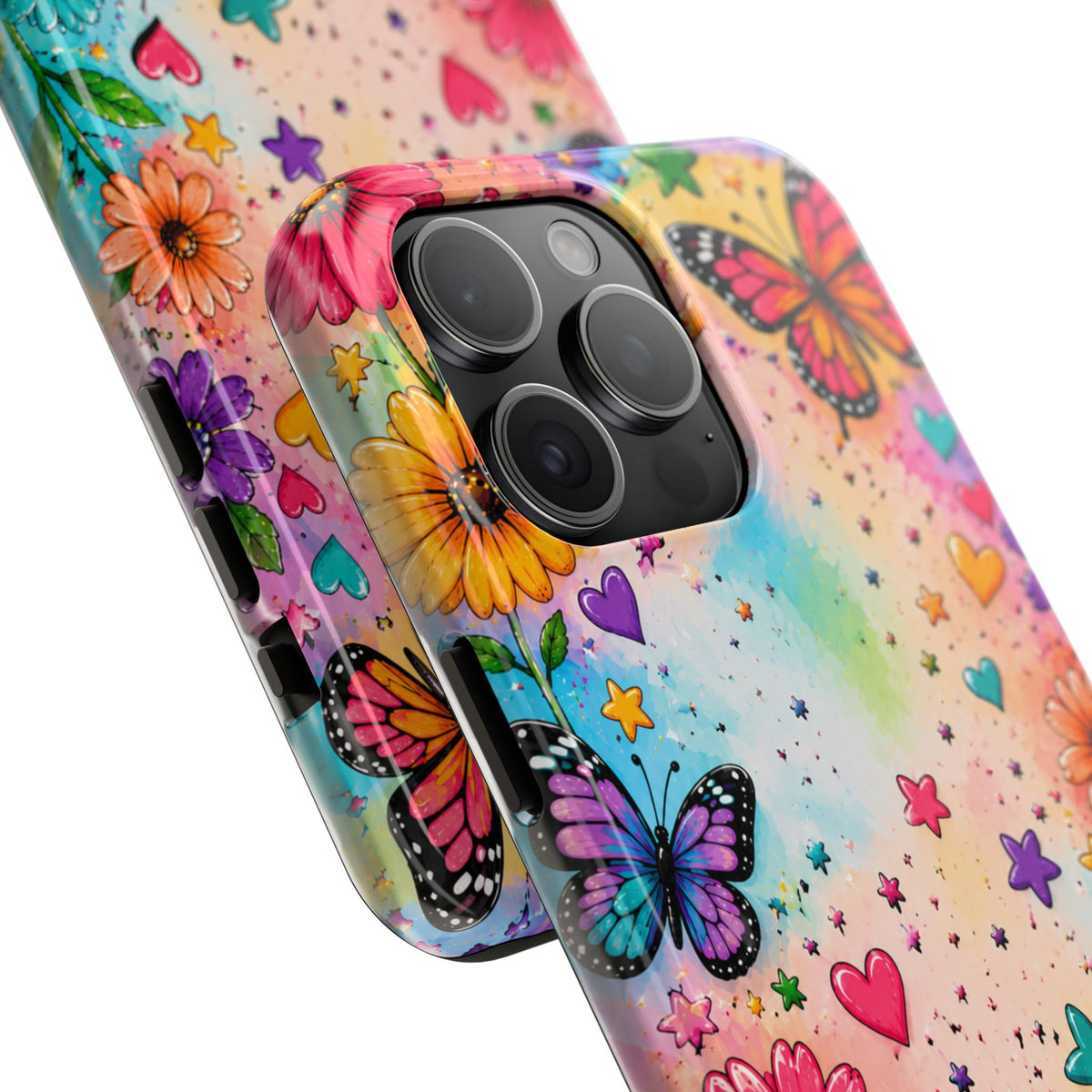 Colorful Butterflies and Flowers Tough Phone Case | Rainbow Hearts Stars