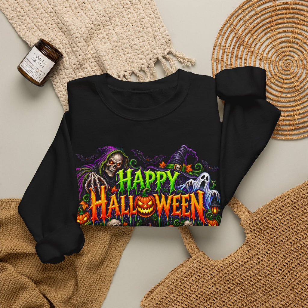 Halloween Crewneck Sweatshirt — 'Happy Halloween' Spooky Pumpkin & Ghost Design