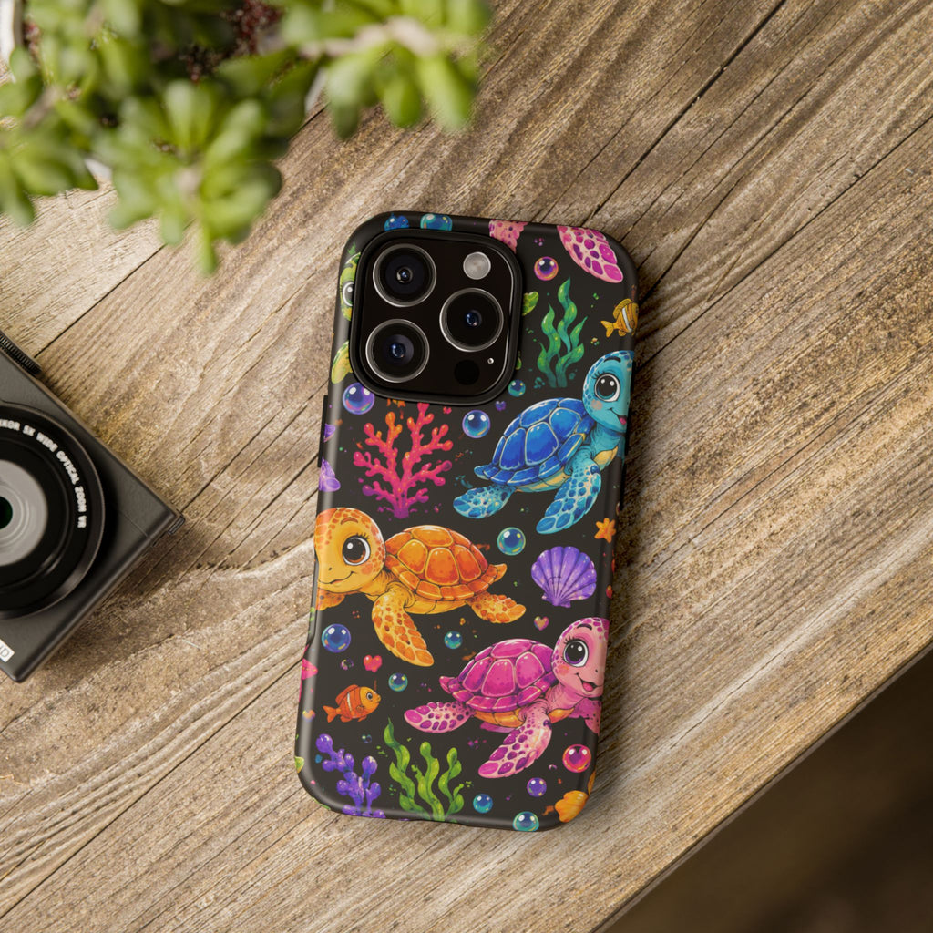 Phone Case — Colorful Cute Sea Turtles on Black (Protective Smartphone Cover)