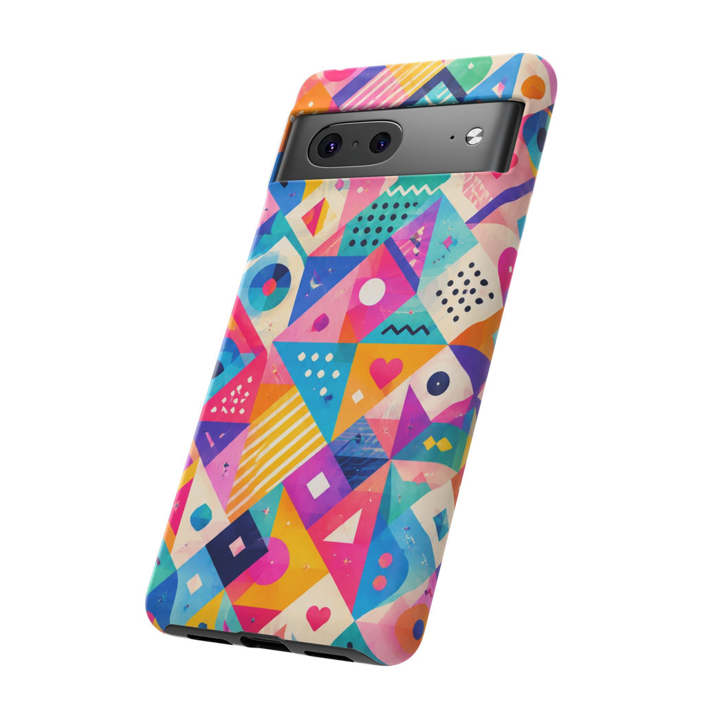 Colorful Geometric Tough Phone Case — Bright Abstract Heart & Triangle Pattern