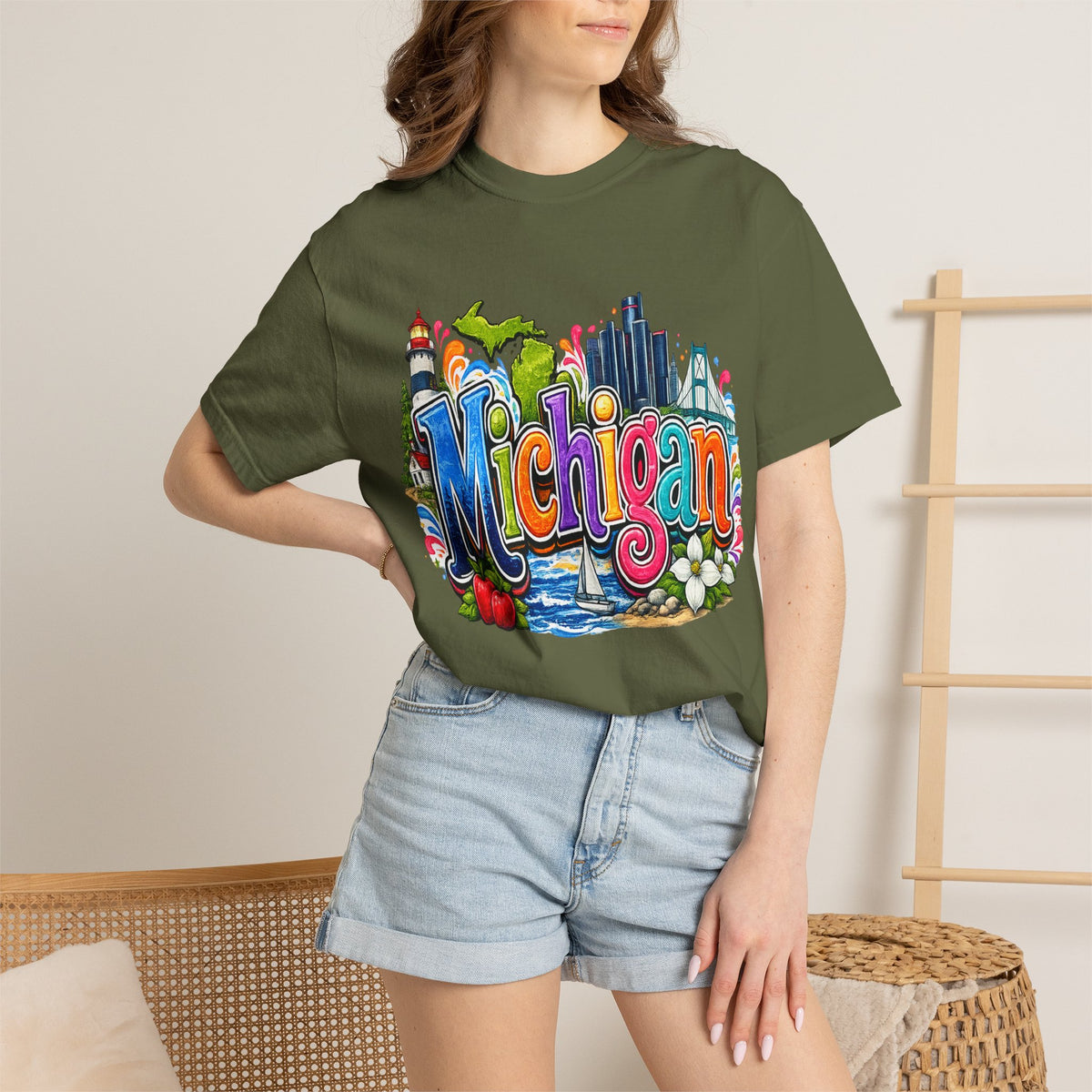 Michigan State Scene T-Shirt | Lighthouse, Skyline, Great Lakes