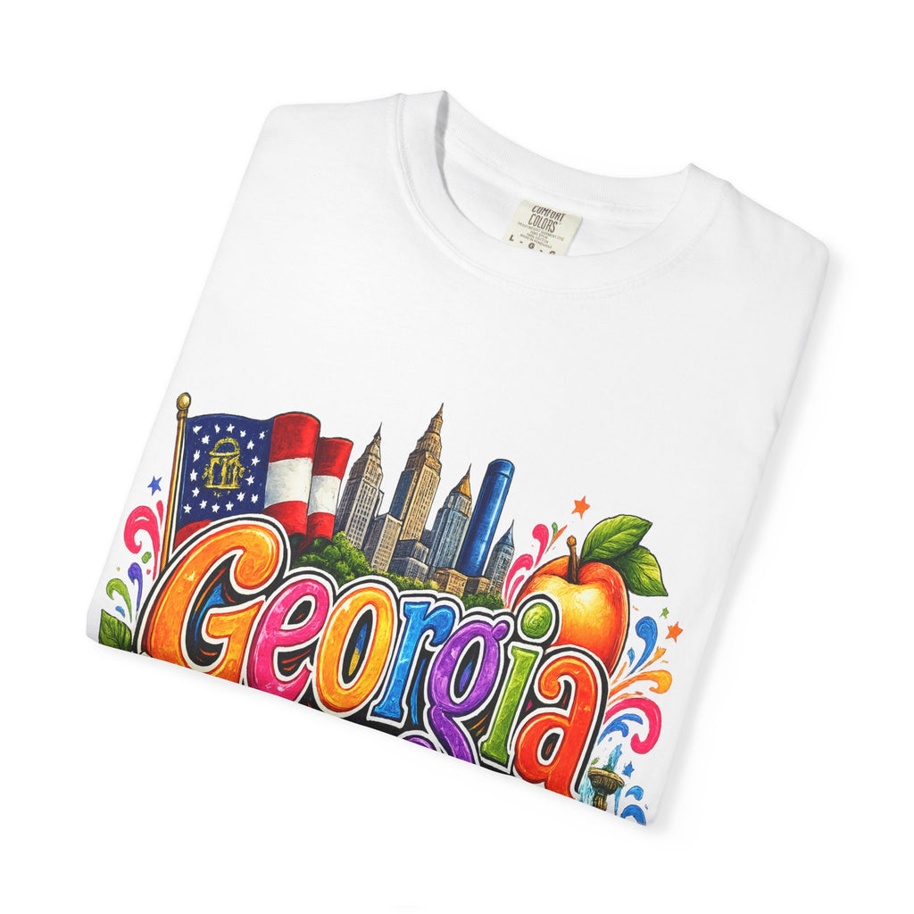 Georgia state illustration T-shirt | Atlanta skyline, peach, magnolia