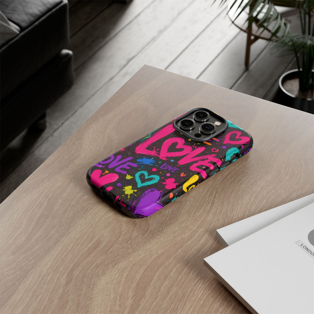 Phone Case — Neon Graffiti "Love" Hearts Protective Tough Case