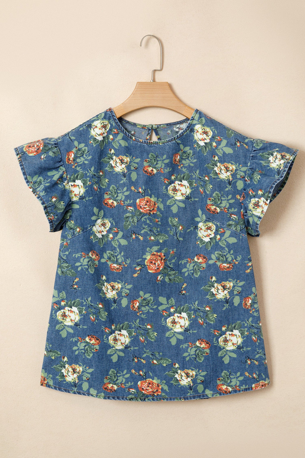 Floral Denim Ruffle Short Sleeve Top