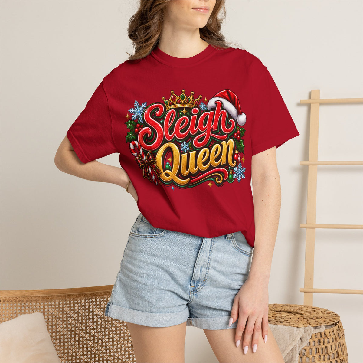 Sleigh Queen T-Shirt — Festive Christmas Holiday Tee with Santa Hat & Candy Cane Design