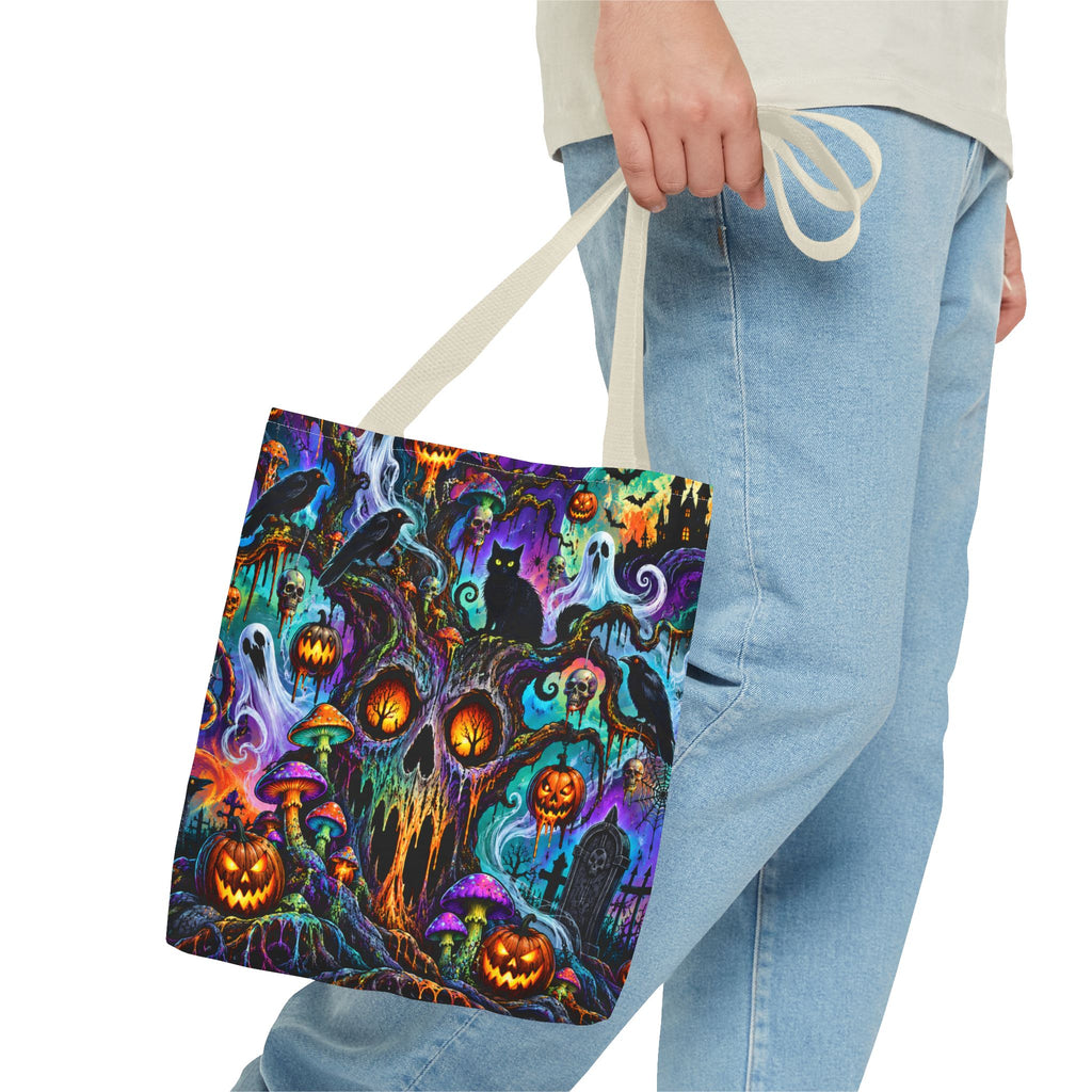 Halloween Haunted Pumpkin Tote Bag — Spooky Cat & Ghosts All-Over Print