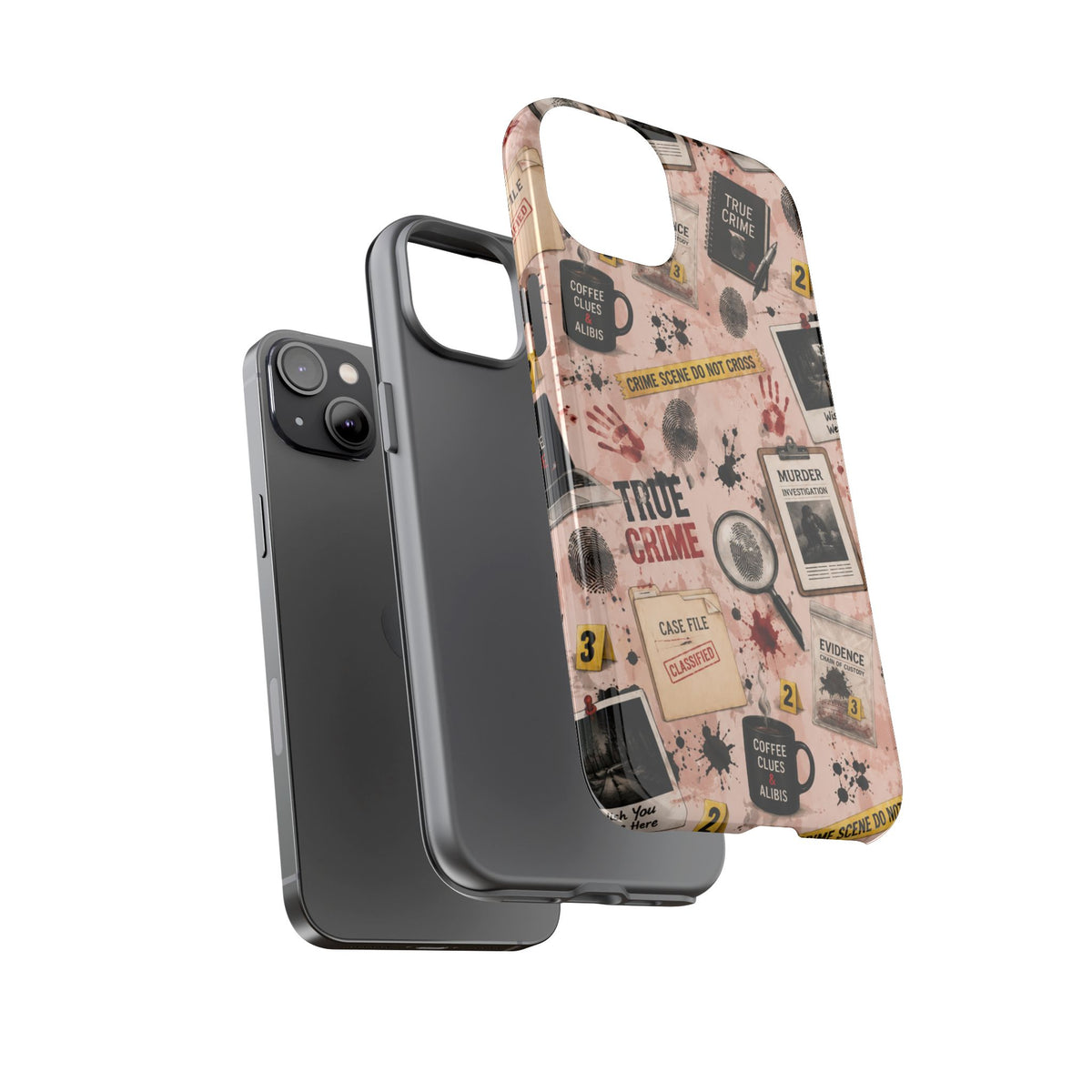 True Crime Pattern Phone Case – Detective Evidence, Crime Scene Tape & 'True Crime' Design