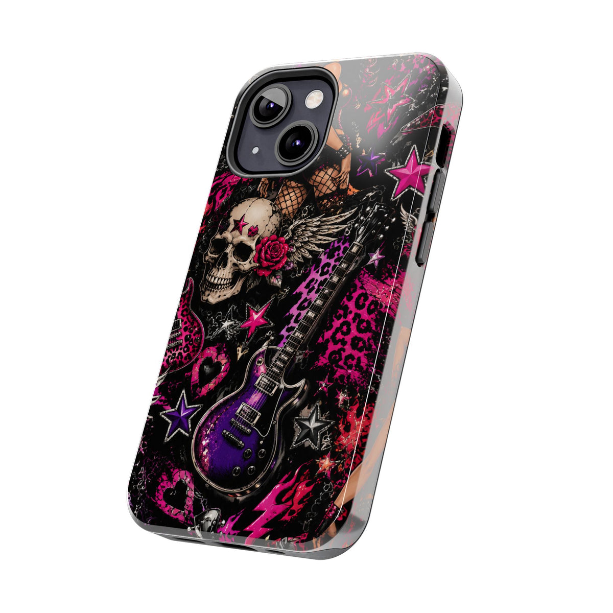 Rock Skull Guitar Phone Case — Edgy Pink Skull & Roses Tough Phone Case