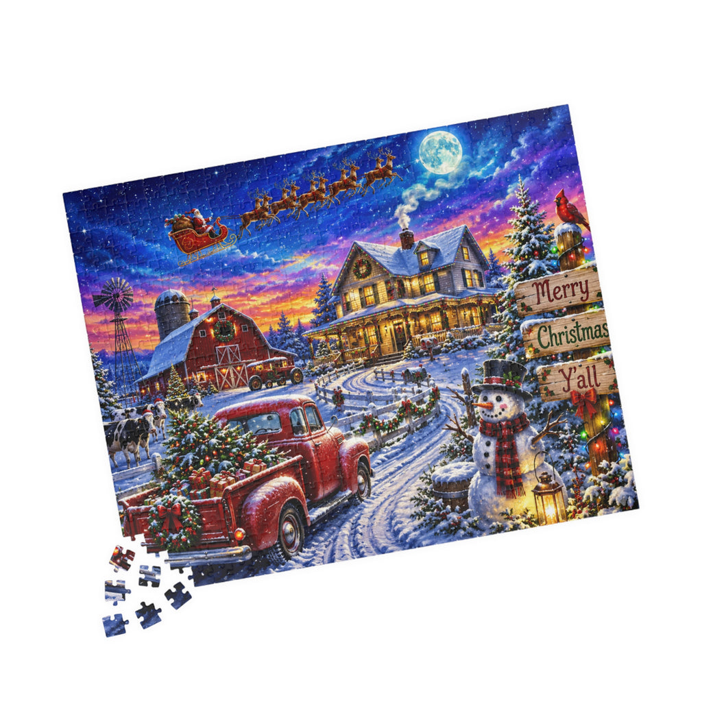 Christmas Country Scene Puzzle — 'Merry Christmas Y'all' Holiday Jigsaw (110–1014 pcs)