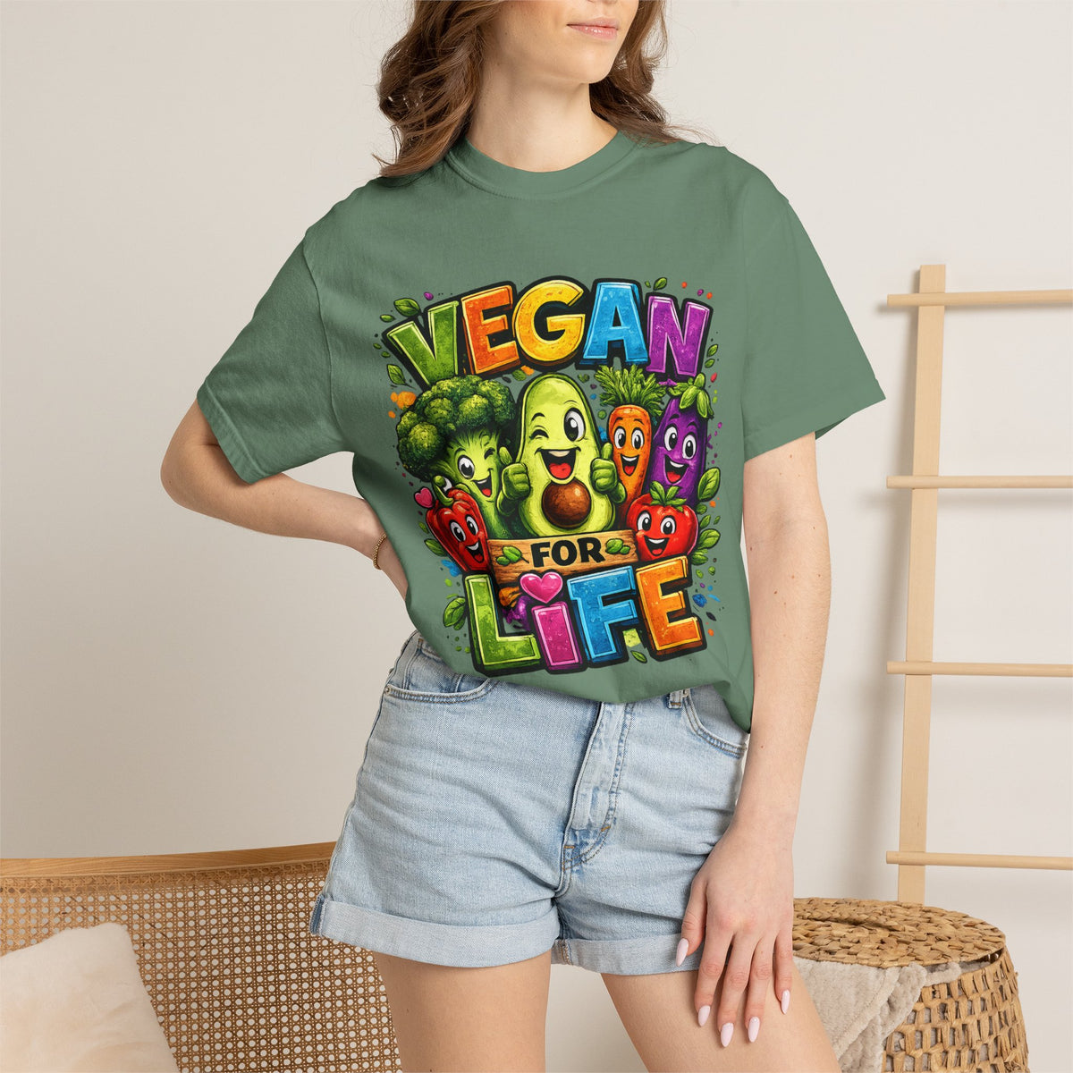 Vegan for Life T-Shirt | Colorful Cartoon Veggies Tee