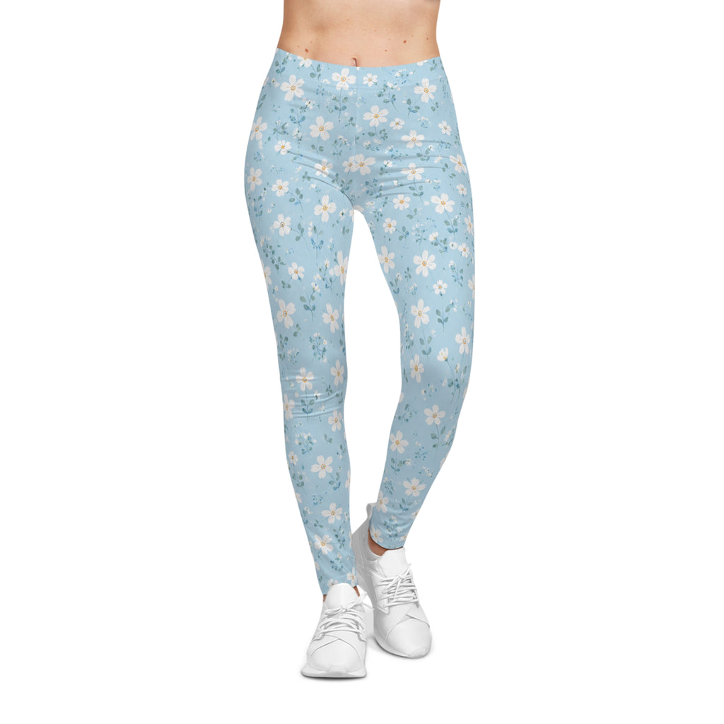Blue Floral Leggings — Light Blue Spring Daisy Print Women's Leggings