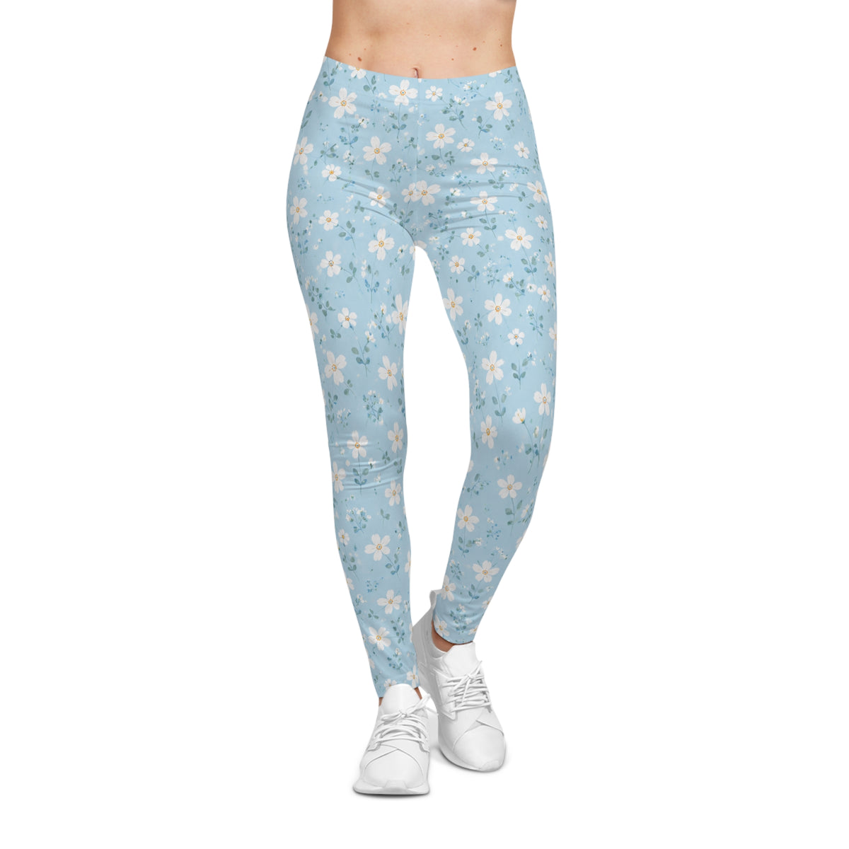 Blue Floral Leggings — Light Blue Spring Daisy Print Women's Leggings