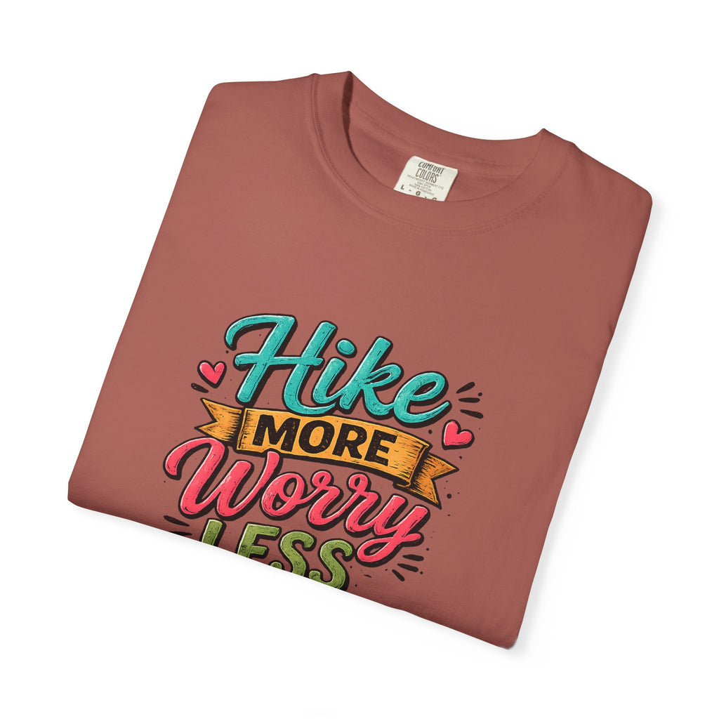Hike More Worry Less T-Shirt | Hiking Backpack Trail Sign Tee