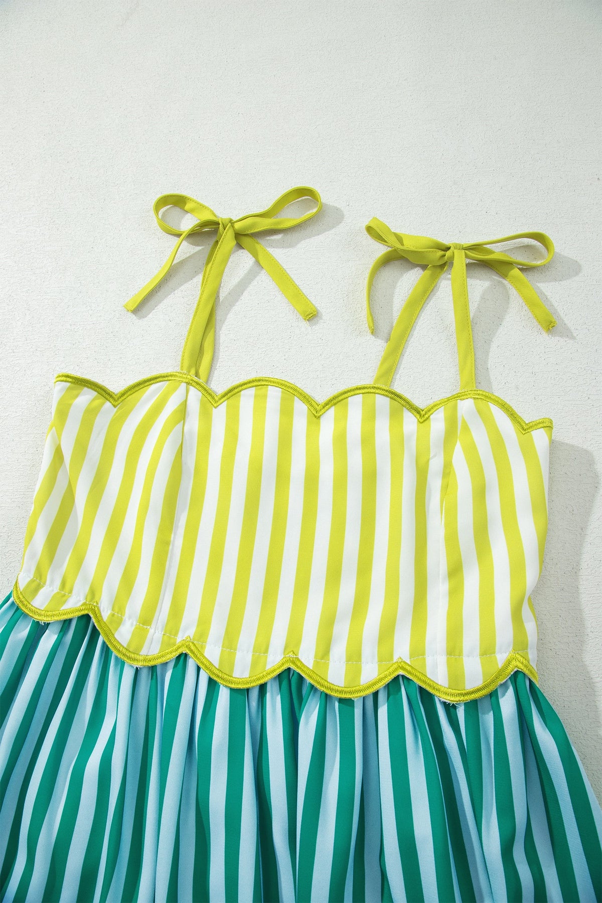 Stripe Scalloped Contrast Patchwork Knot Strap Midi Dress