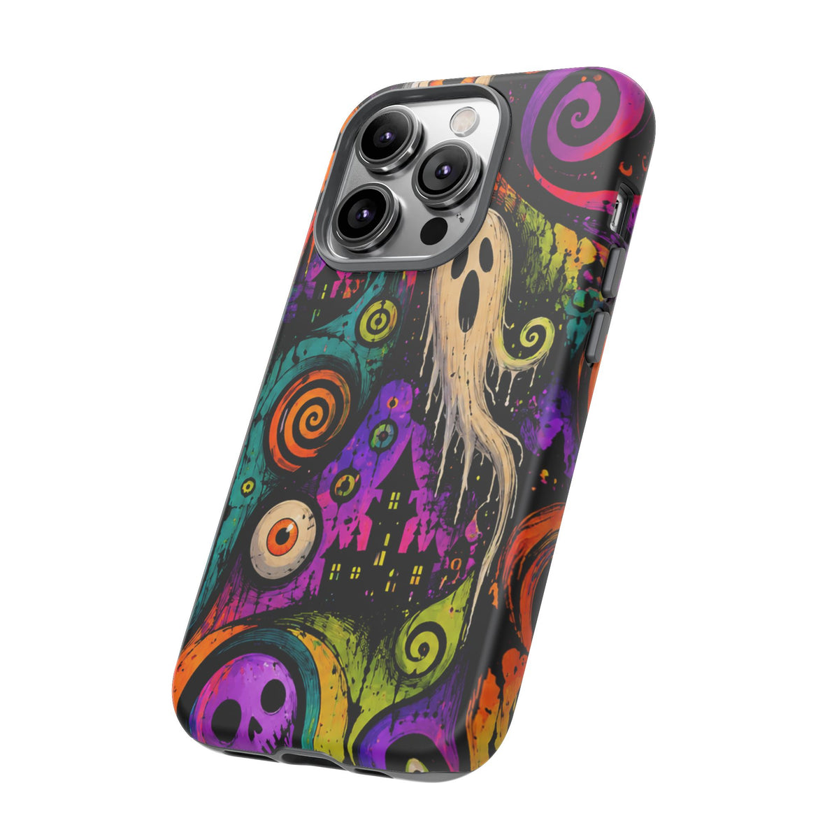 Halloween Ghost Phone Case — Colorful Spooky Skull & Haunted House Tough Case