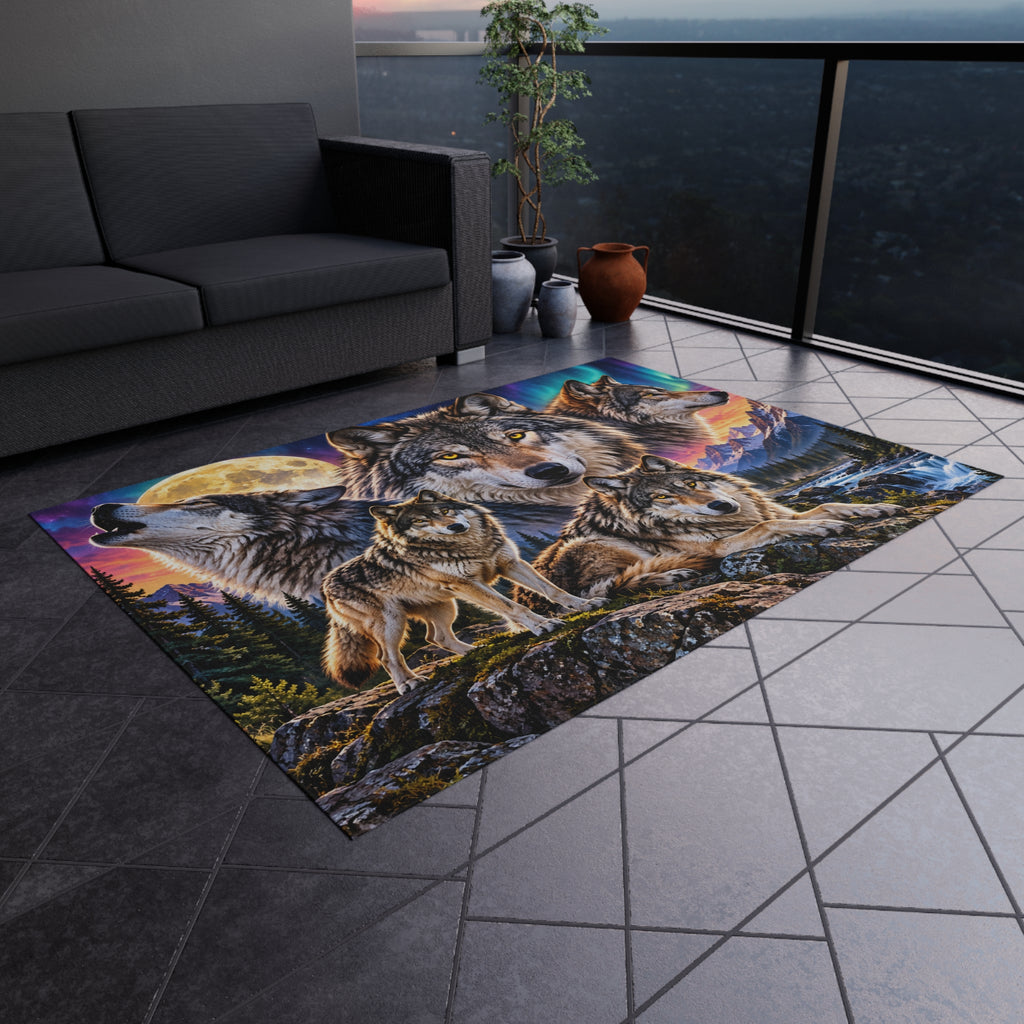 Wolf Pack Outdoor Rug — Scenic Mountain & Northern Lights Design