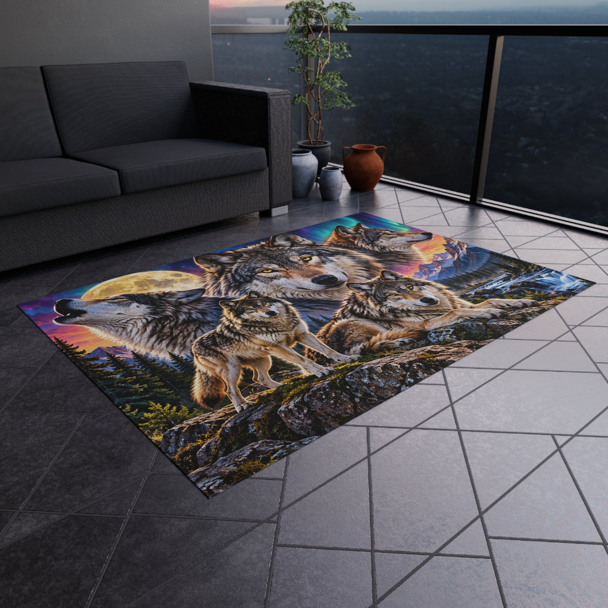 Wolf Pack Outdoor Rug — Scenic Mountain & Northern Lights Design