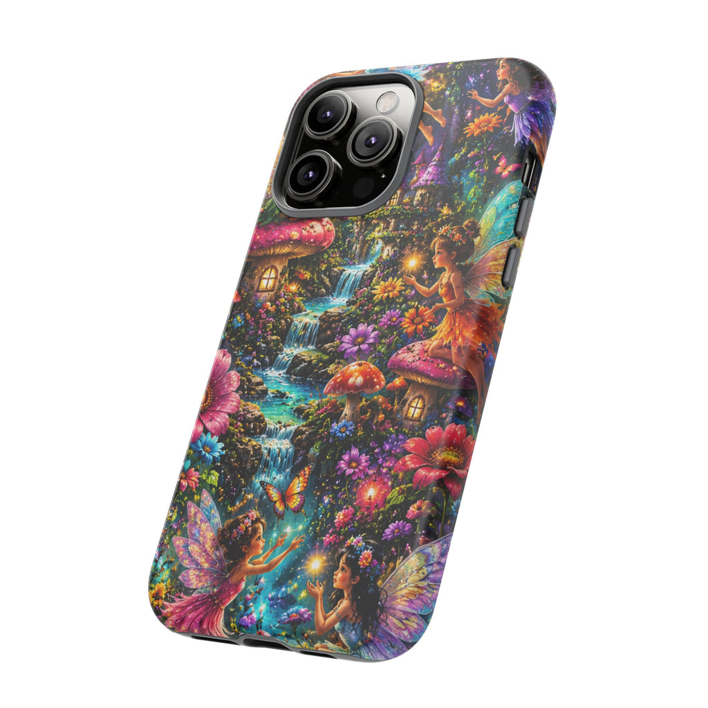 Fairy Garden Tough Phone Case — Whimsical Cottage, Waterfall & Mushroom Artwork