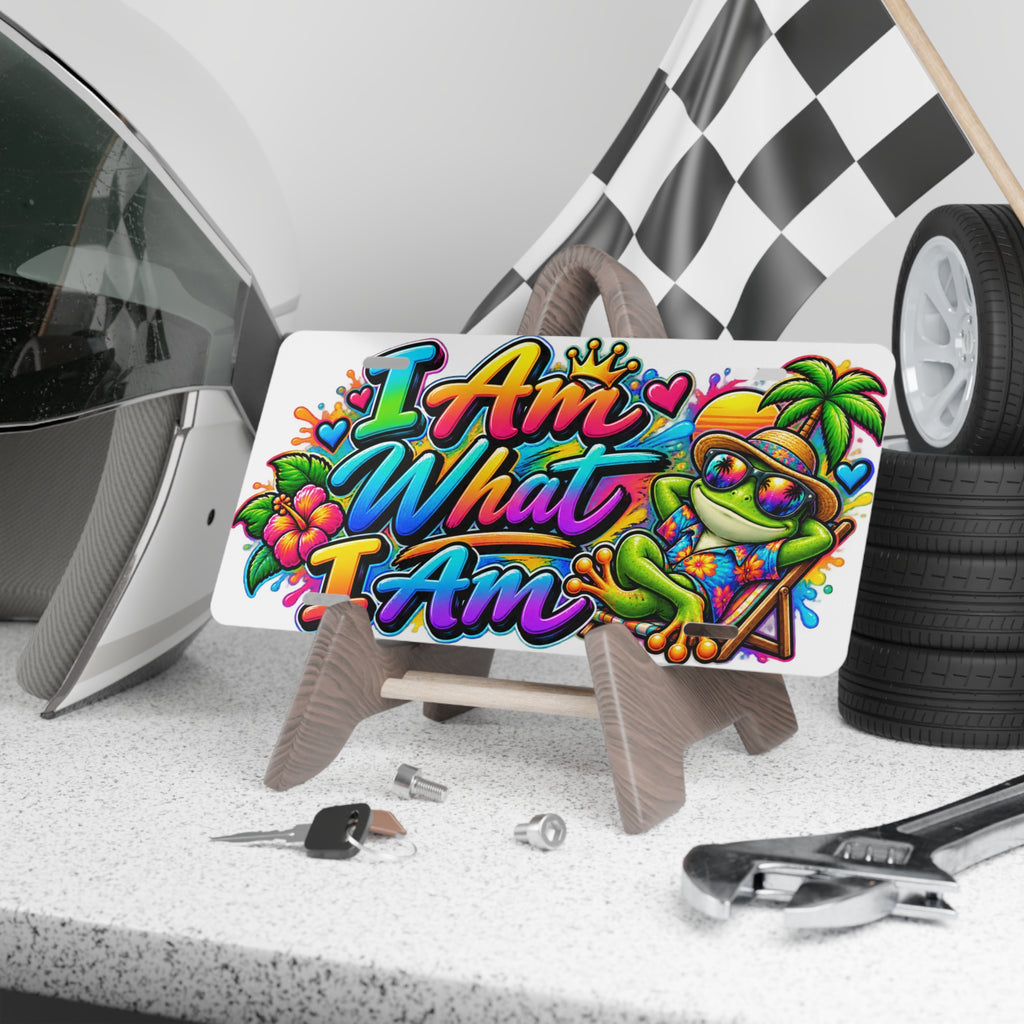 I Am What I Am Frog Beach Vanity Plate — Colorful Tropical License Plate