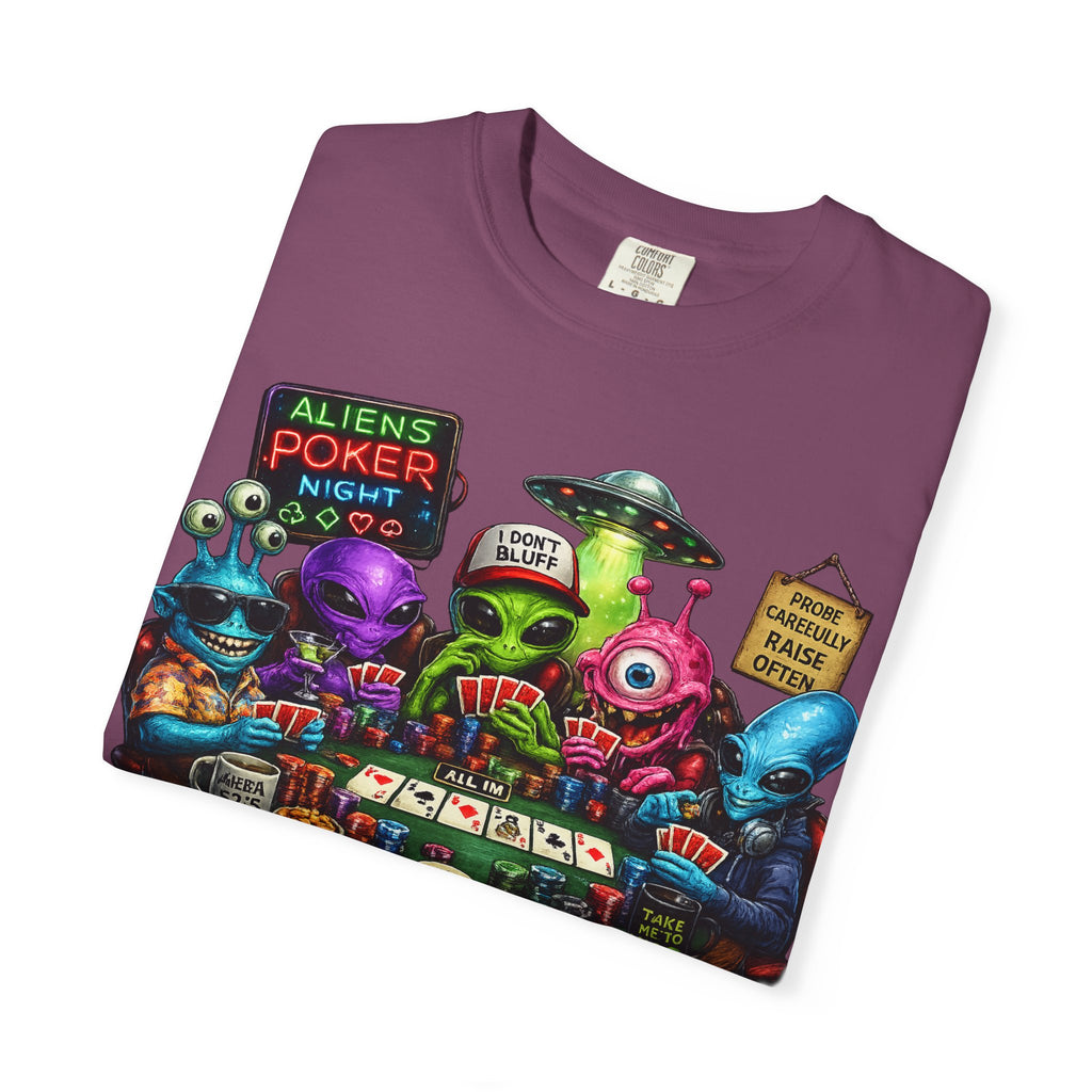 Aliens Poker Night T-shirt | Funny UFO Casino Card Game Design