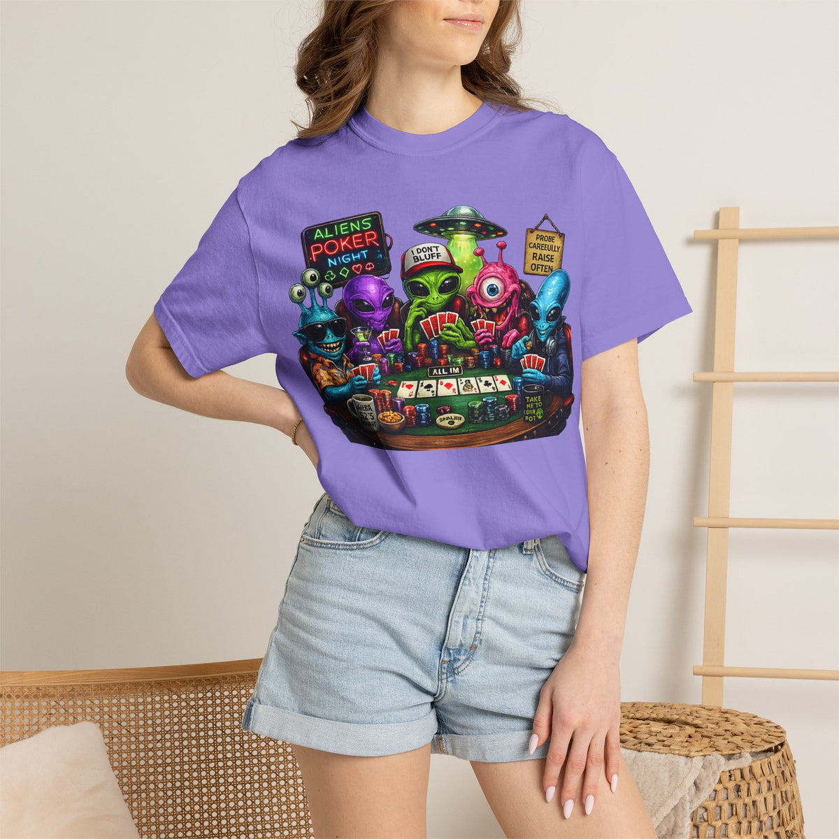 Aliens Poker Night T-shirt | Funny UFO Casino Card Game Design