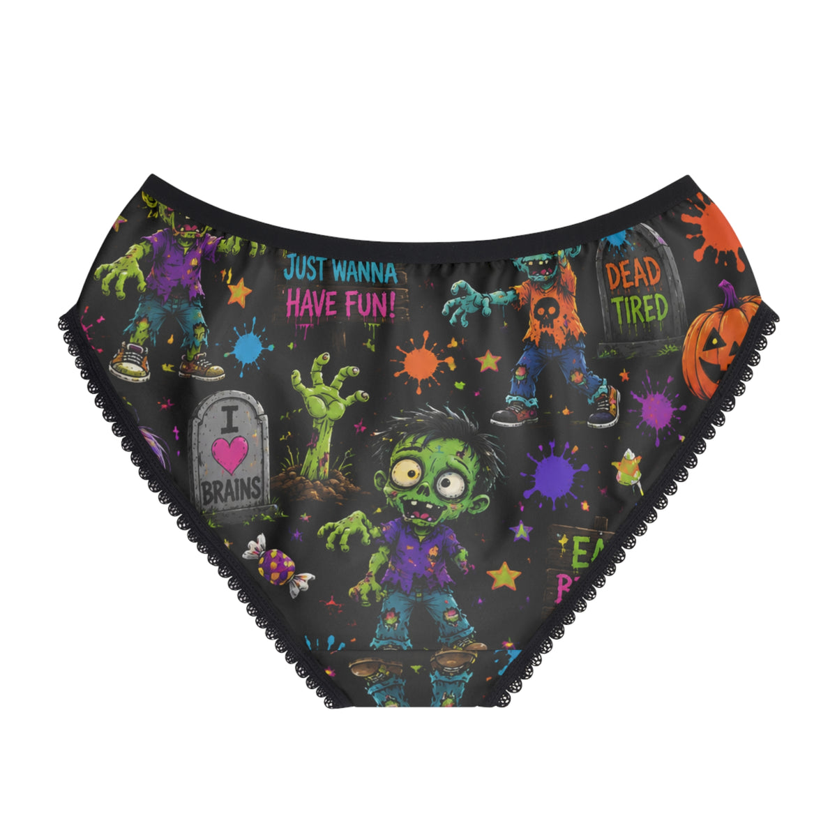 Zombie Halloween Women's Briefs — Cute Cartoon Zombies "I  Brains" Print