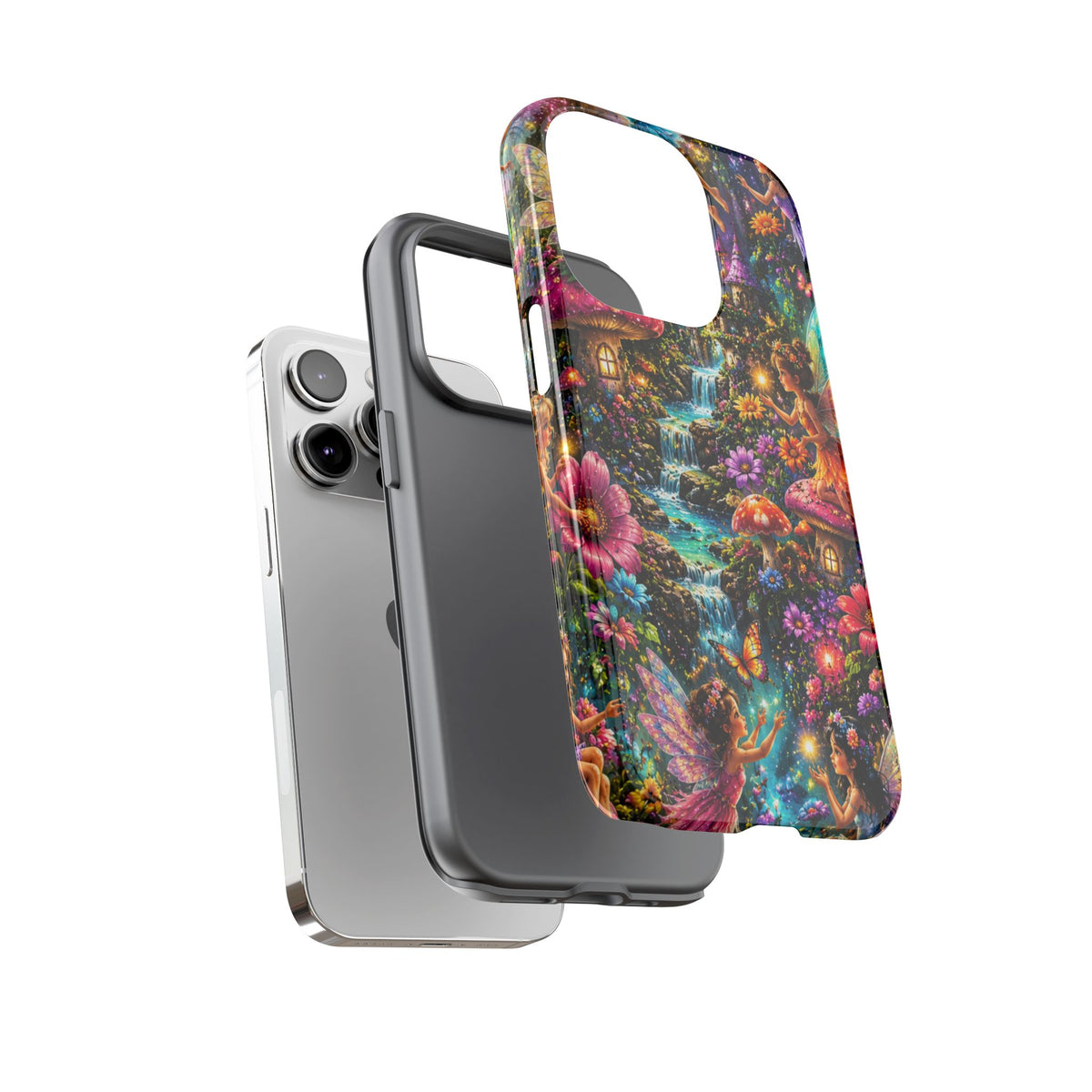 Fairy Garden Tough Phone Case — Whimsical Cottage, Waterfall & Mushroom Artwork
