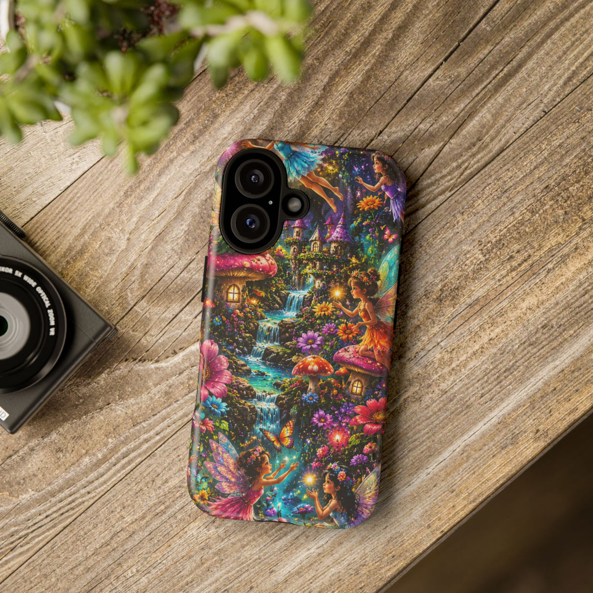 Fairy Garden Tough Phone Case — Whimsical Cottage, Waterfall & Mushroom Artwork