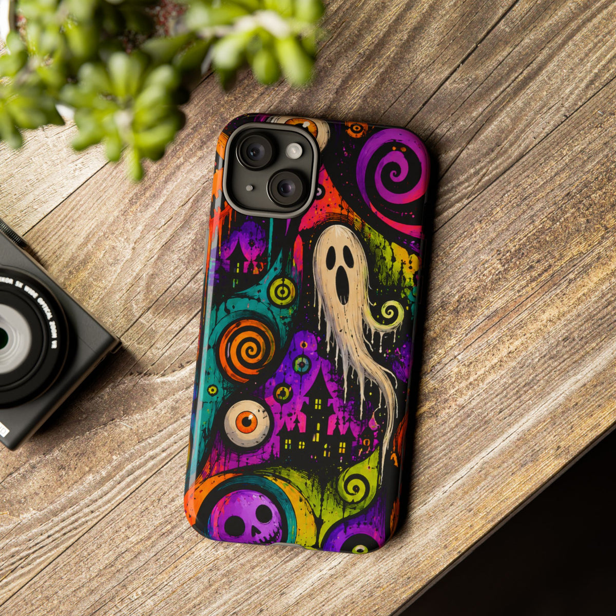 Halloween Ghost Phone Case — Colorful Spooky Skull & Haunted House Tough Case