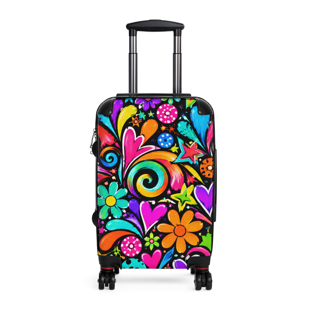 Colorful Retro Floral Suitcase — Bright Hippie Heart & Star Luggage Cover