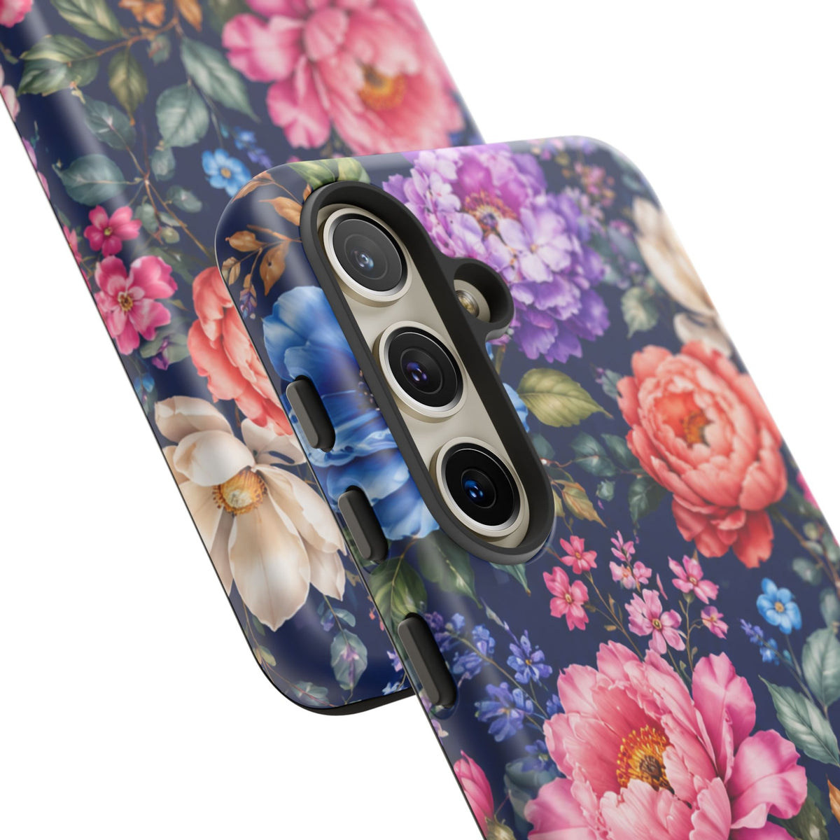 Floral Tough Phone Case – Vibrant Garden Flowers on Navy