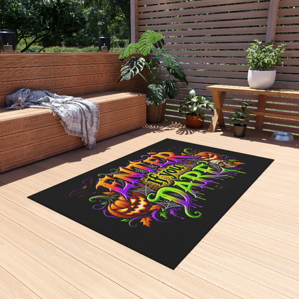 Outdoor Rug — "Enter If You Dare" Halloween Doormat with Pumpkins & Skull