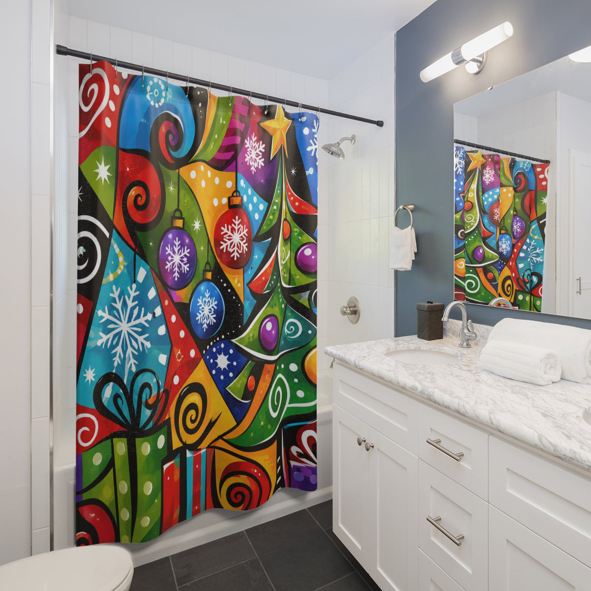 Colorful Pop Art Christmas Shower Curtain — Festive Tree, Ornaments & Gifts