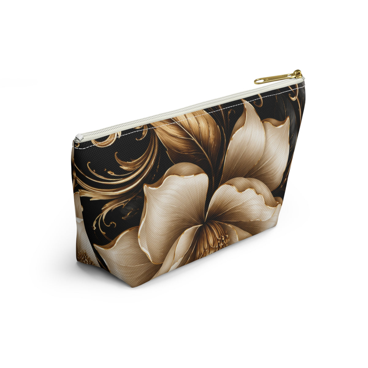 Floral Tapestry Accessory Pouch — Gold & Black Magnolia Makeup Bag