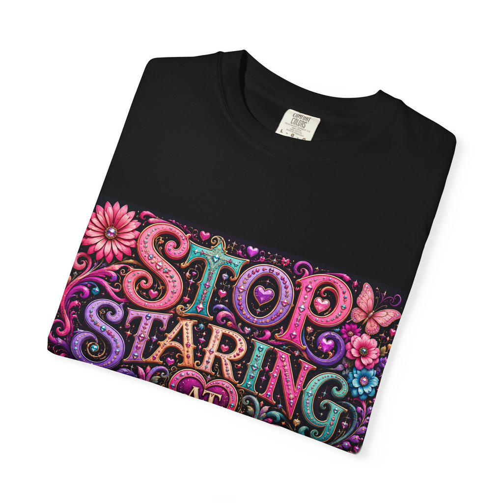 Stop Staring At My Boobs T-Shirt | Funny Retro Floral Typography