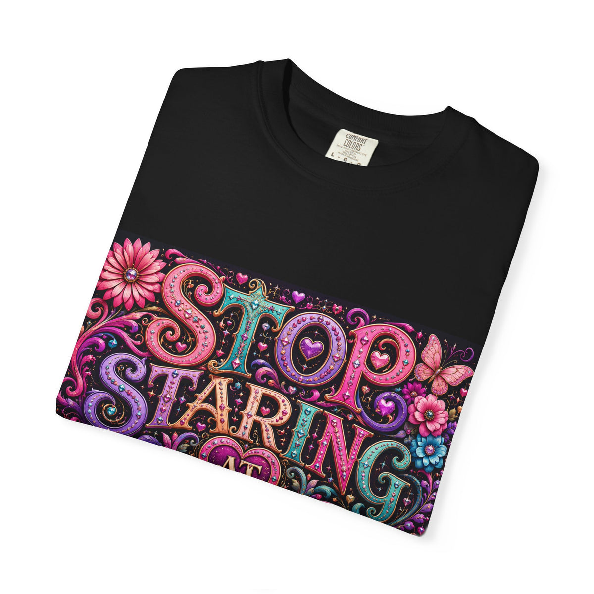 Stop Staring At My Boobs T-Shirt | Funny Retro Floral Typography