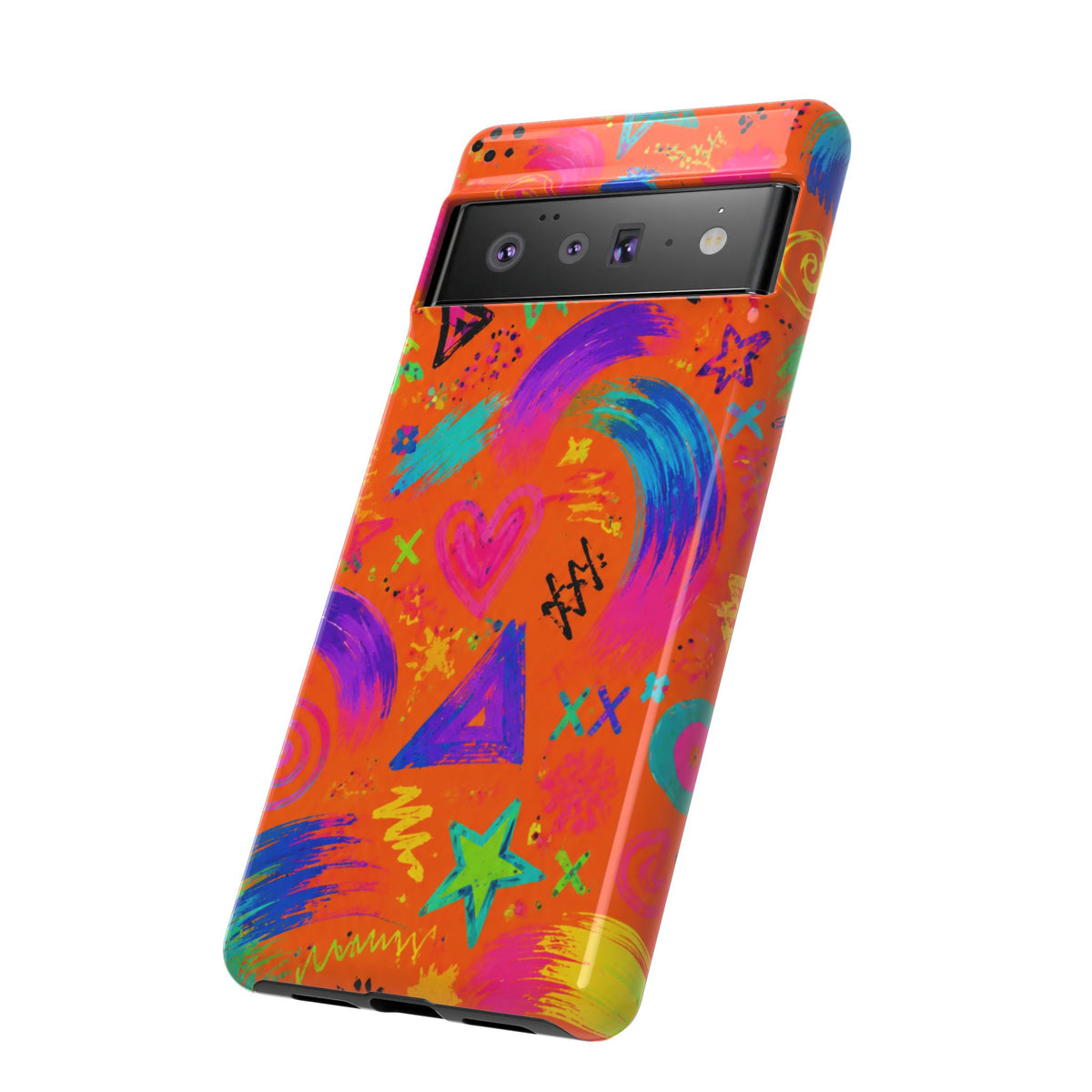 Colorful Neon Doodle Phone Case — Bright Abstract Stars & Hearts Tough Case