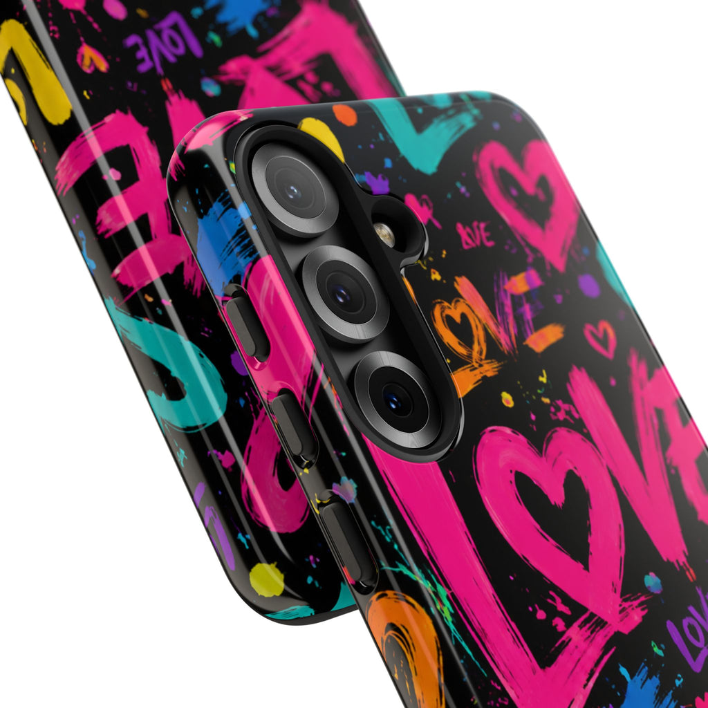 Phone Case — Neon Graffiti "Love" Hearts Protective Tough Case