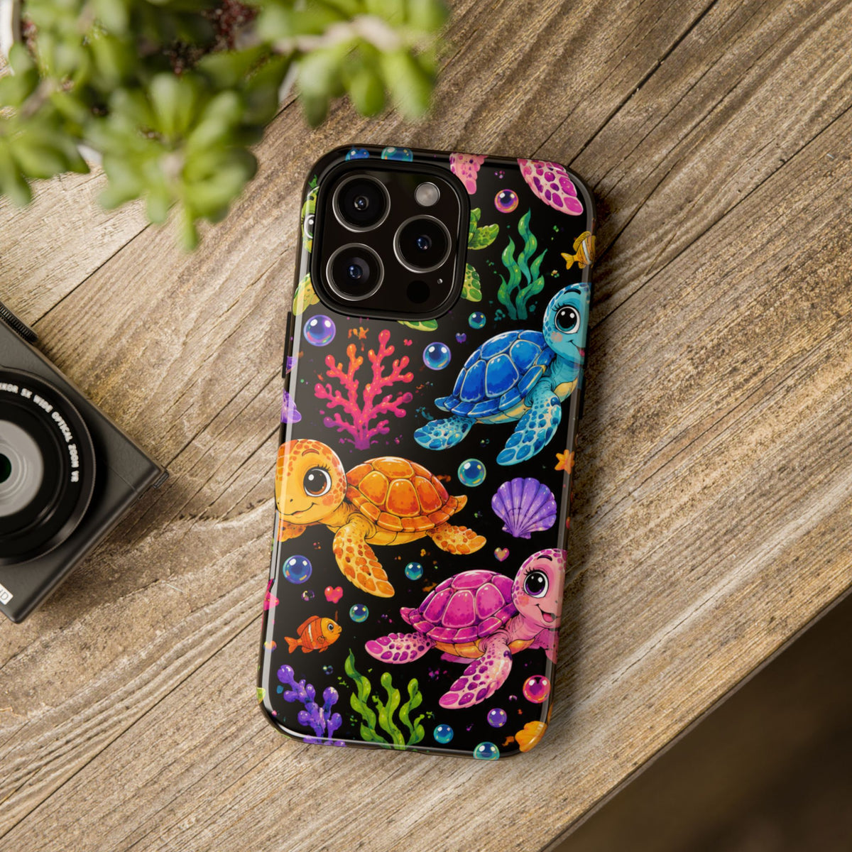 Phone Case — Colorful Cute Sea Turtles on Black (Protective Smartphone Cover)