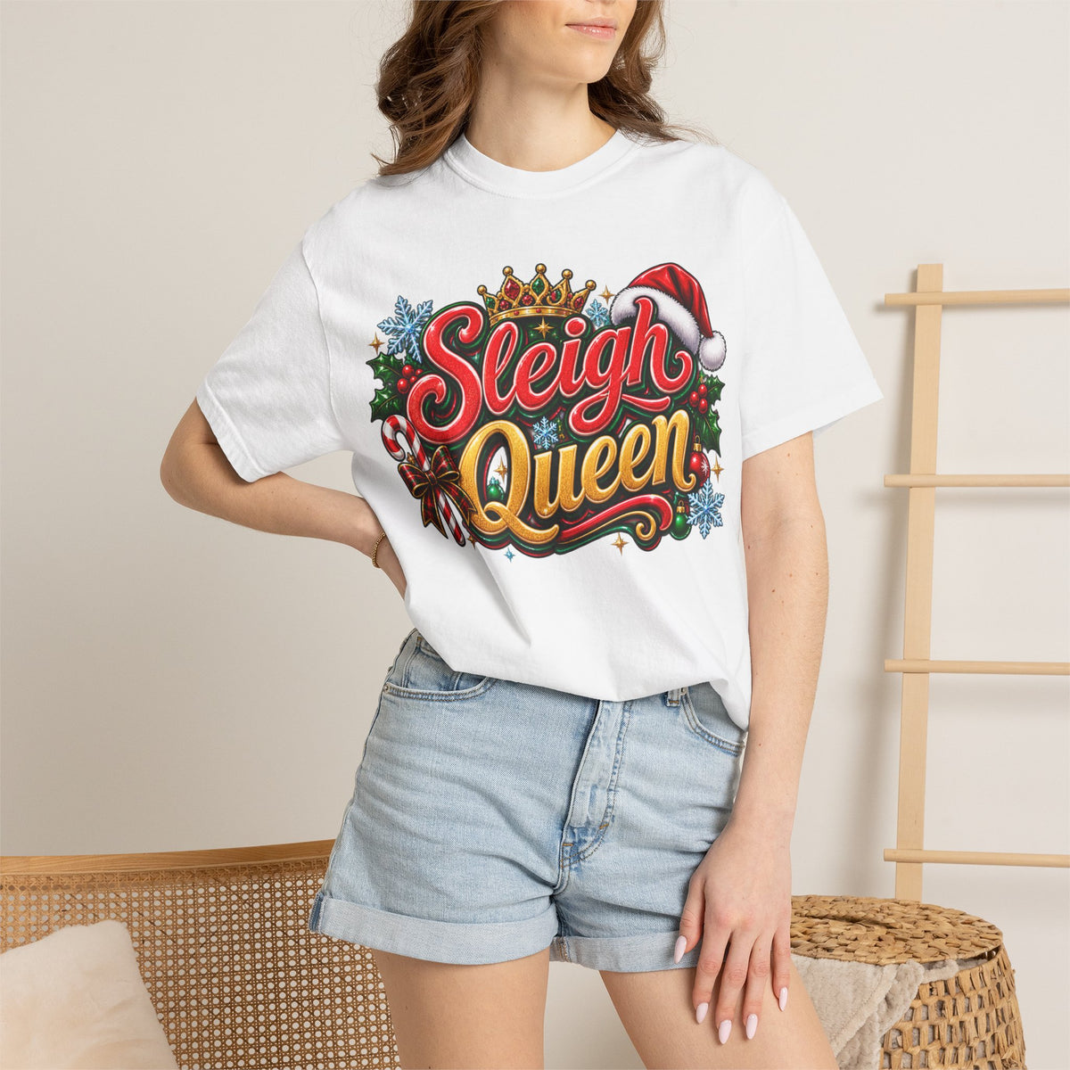 Sleigh Queen T-Shirt — Festive Christmas Holiday Tee with Santa Hat & Candy Cane Design