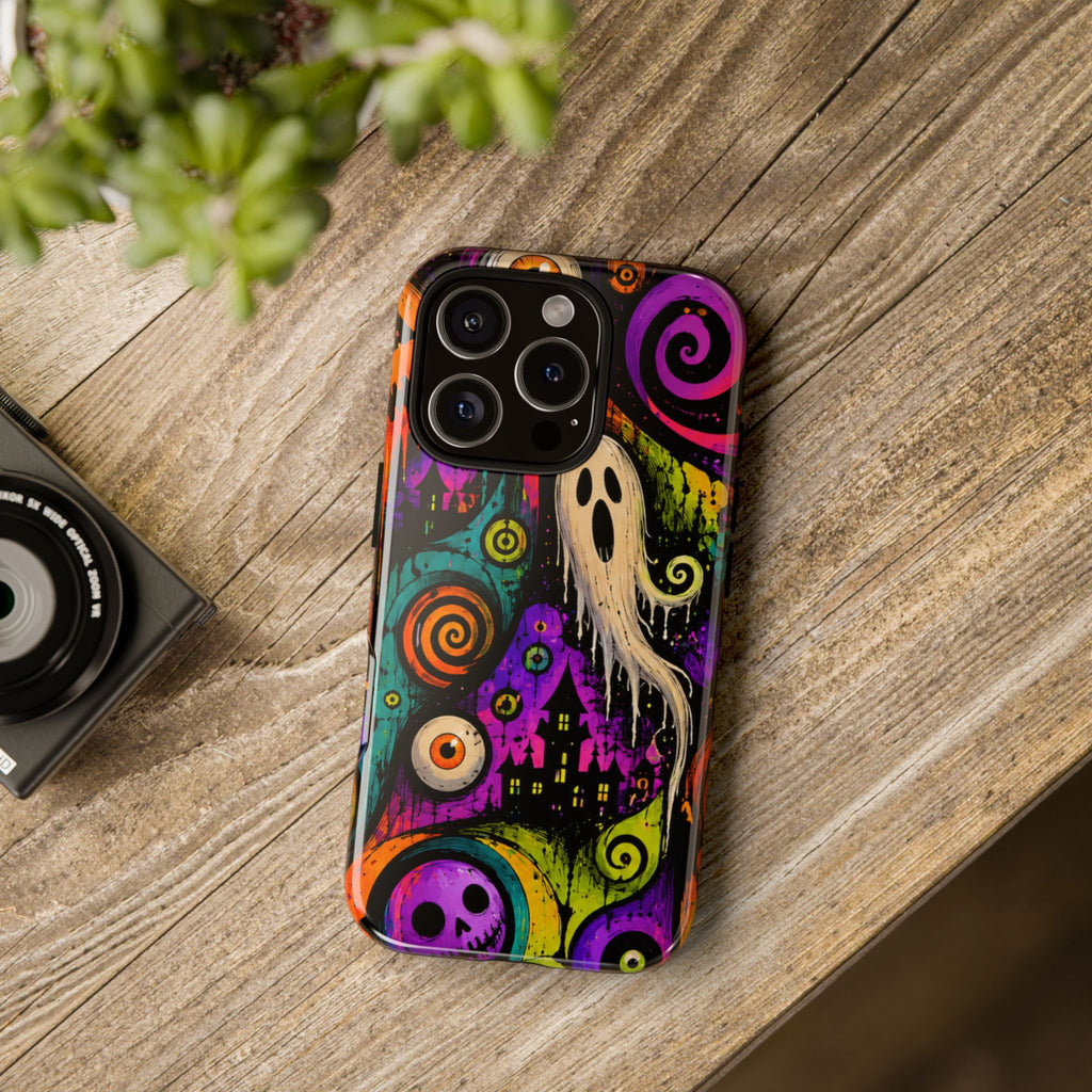 Halloween Ghost Phone Case — Colorful Spooky Skull & Haunted House Tough Case