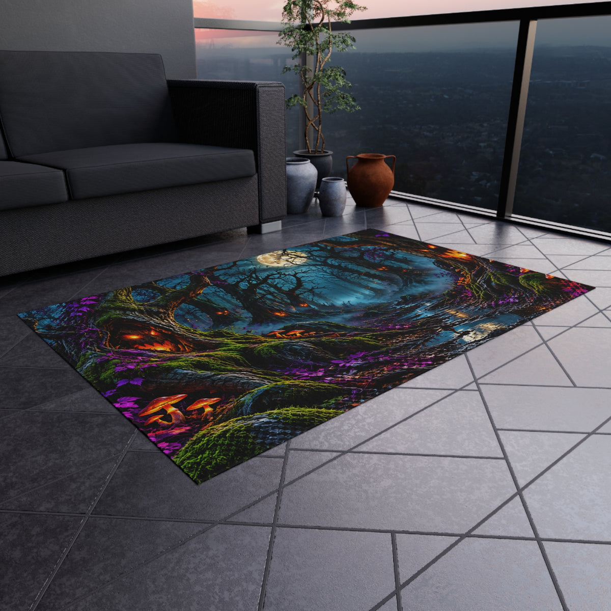 Spooky Moonlit Forest Outdoor Rug — Haunted Halloween Porch Mat