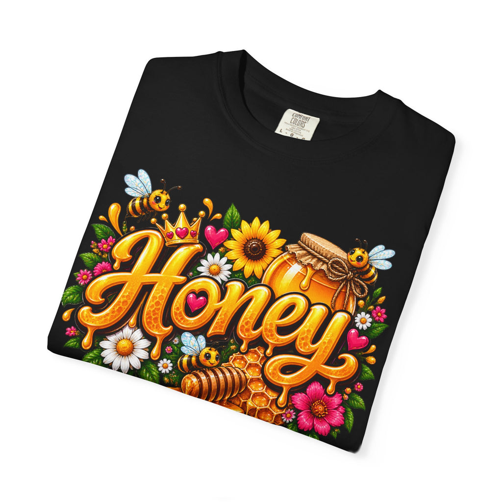 Honey Graphic Black T-Shirt — “Honey Never Spoils” Vintage Floral Bee Tee
