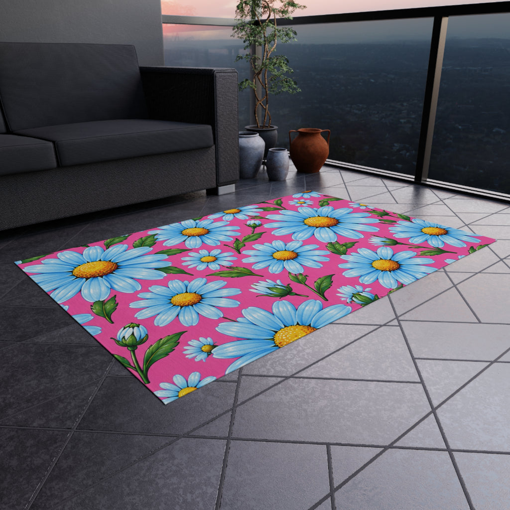Daisy Bloom Outdoor Rug — Bright Blue Daisies on Pink Patio Mat