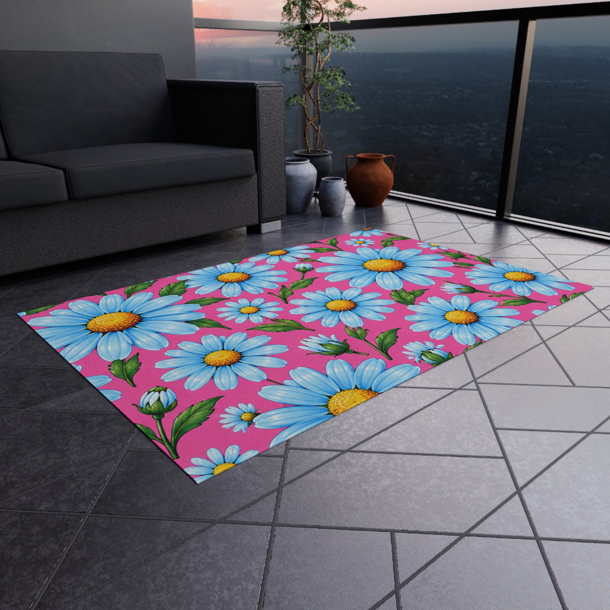 Daisy Bloom Outdoor Rug — Bright Blue Daisies on Pink Patio Mat