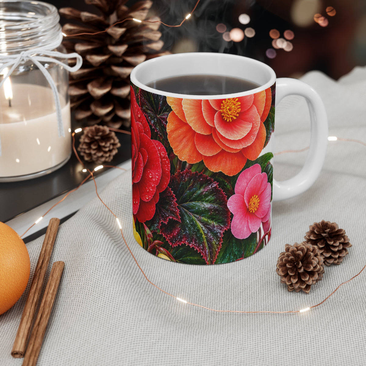 Floral Begonia Pattern Mug — Colorful Red & White Flower 11oz Ceramic