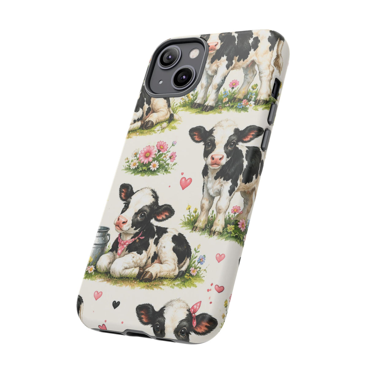 Cute Calf Pattern Phone Case – Pastel Cow Hearts & Flowers Protective Cover