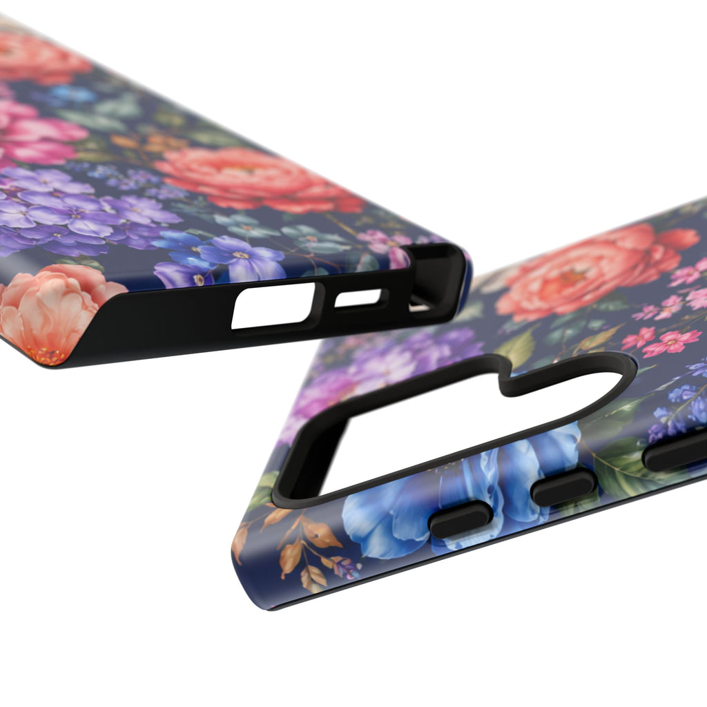 Floral Tough Phone Case – Vibrant Garden Flowers on Navy