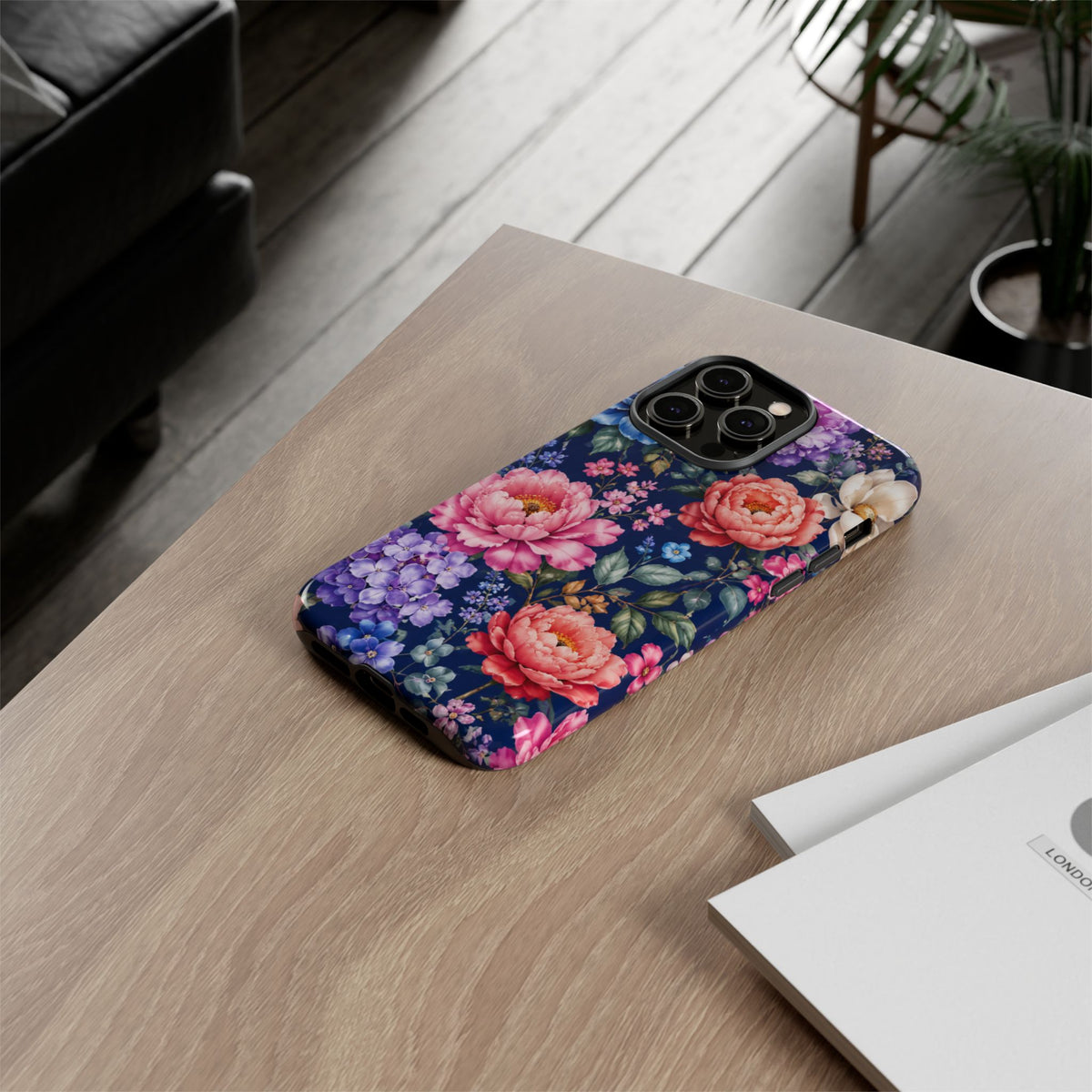 Floral Tough Phone Case – Vibrant Garden Flowers on Navy