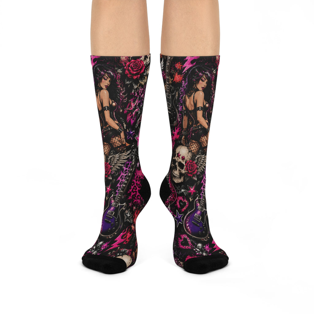 Gothic Pinup Skull Crew Socks — Cushioned Rockabilly Rose Knee-Highs